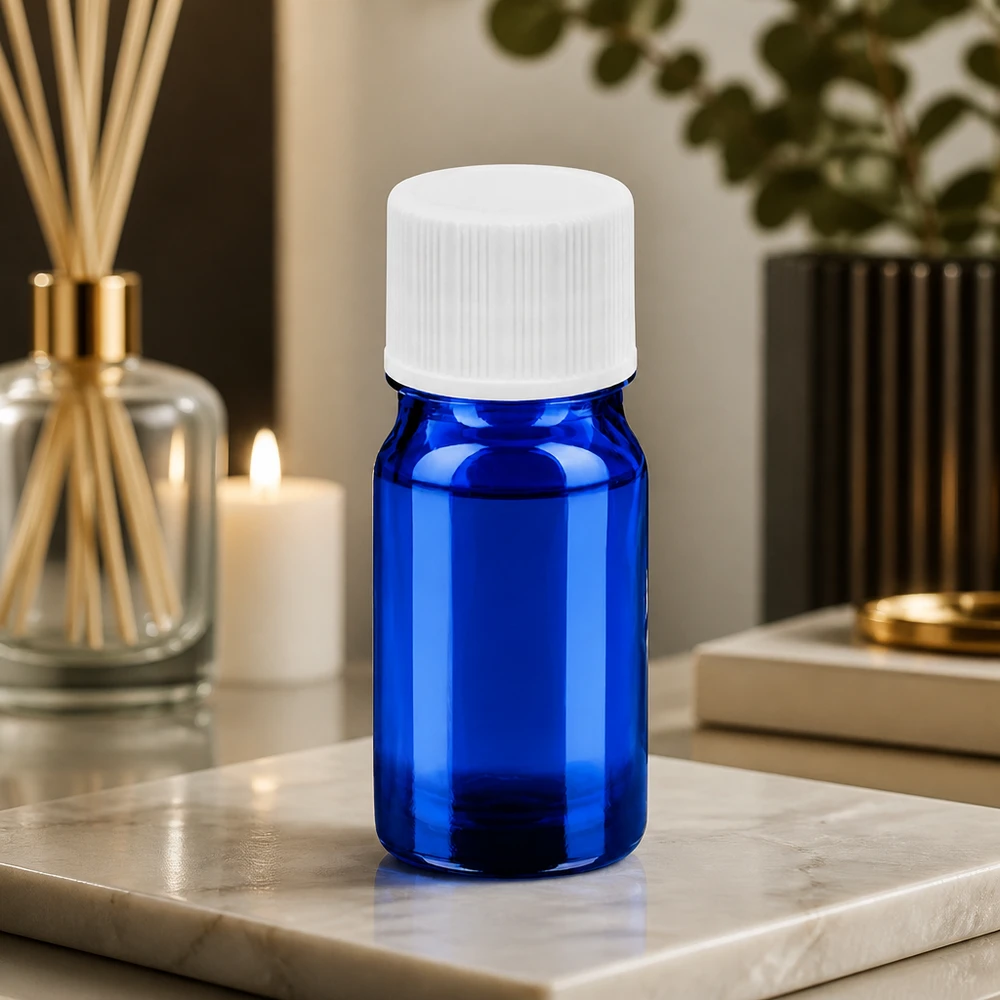 Frasco de 5 ml con tapón de rosca de 11 mm estándar blanco BlueLine UT18/5 Frasco de vidrio de 5 ml de alta calidad en azul brillante con práctico tapón de rosca blanco de 11 mm