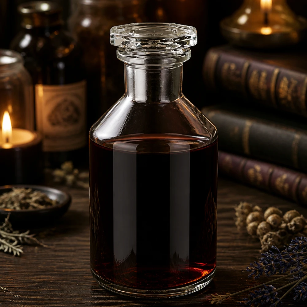 Tintura oscura en un frasco de 50 ml con cuello recto, transparente y tapón de cristal facetado, a la luz de las velas