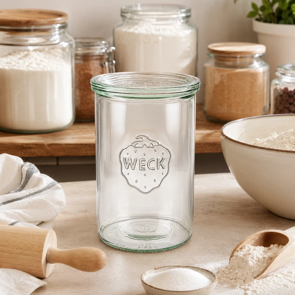 WECK vasos 1000ml RR100 vacío en la cocina brillante entre los frascos de almacenamiento con harina y utensilios para hornear para hornear