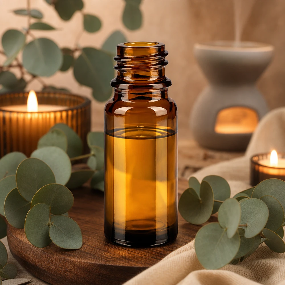 Frasco de vidrio marrón ApoGlas de 10 ml para aromaterapia con eucalipto y velas en un ambiente de spa natural