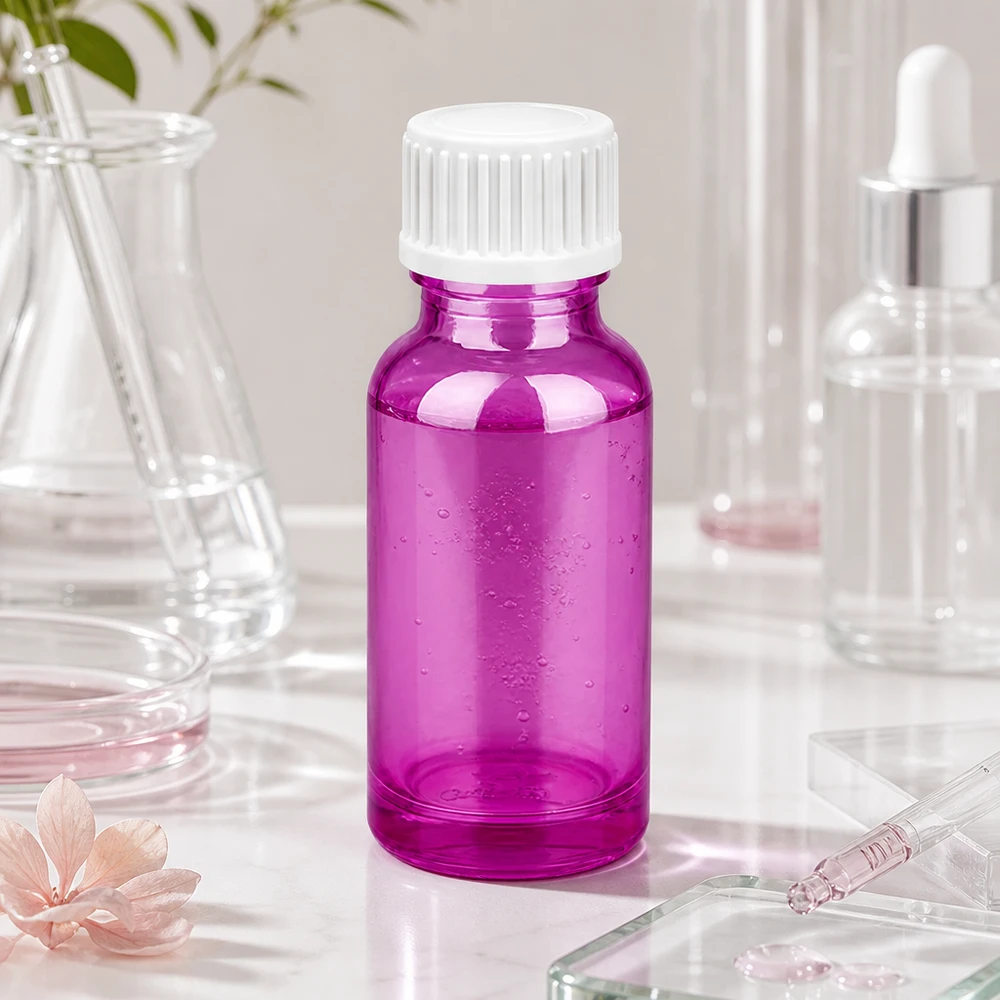 Frasco de cristal compacto de 20 ml en un vibrante color púrpura para una dosificación precisa de sueros y aceites