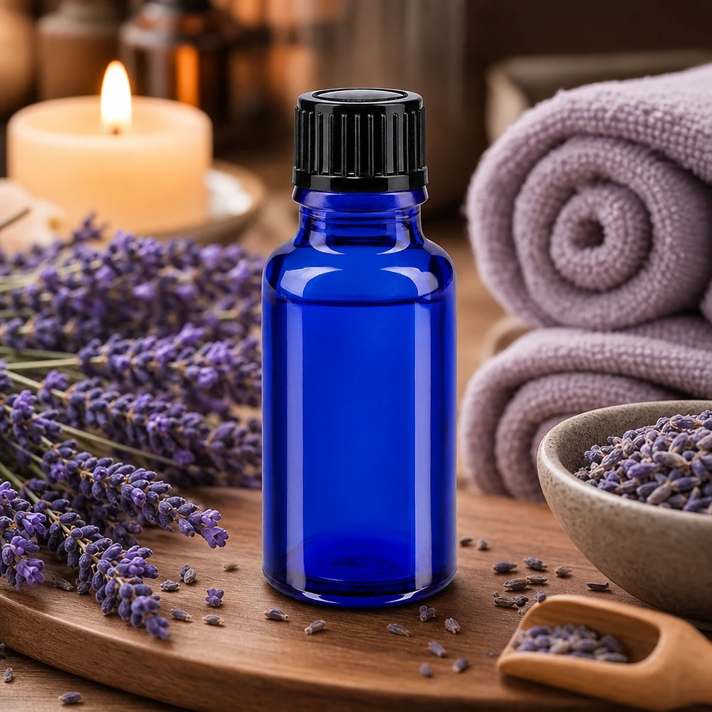 Botella de farmacia azul 20ml tapón rosca negro estándar Botella de cristal azul de 20 ml con tapón cuentagotas negro para aceites esenciales de lavanda