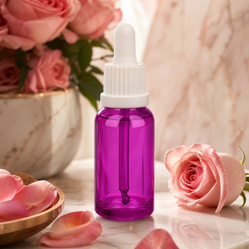 Frasco pipeta 20ml tapón rosca originalidad blanco PurpleLine UT18/20 Elegante frasco pipeta de 20 ml en morado con cuentagotas blanco para productos de belleza