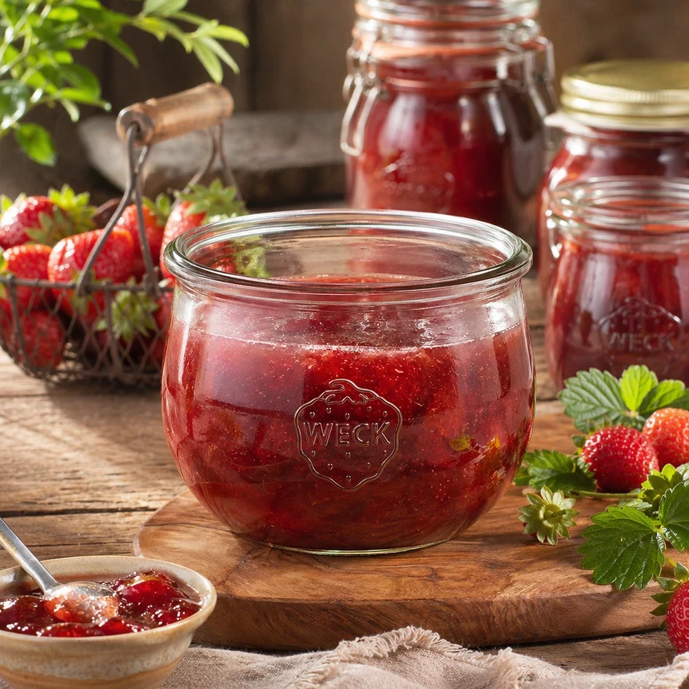 Tarro de cristal con boca de tulipán WECK RR100 de 580 ml WECK RR100 Tarro tulipán 580ml lleno de mermelada de fresa sobre una tabla de madera con fresas frescas y tarros de conserva