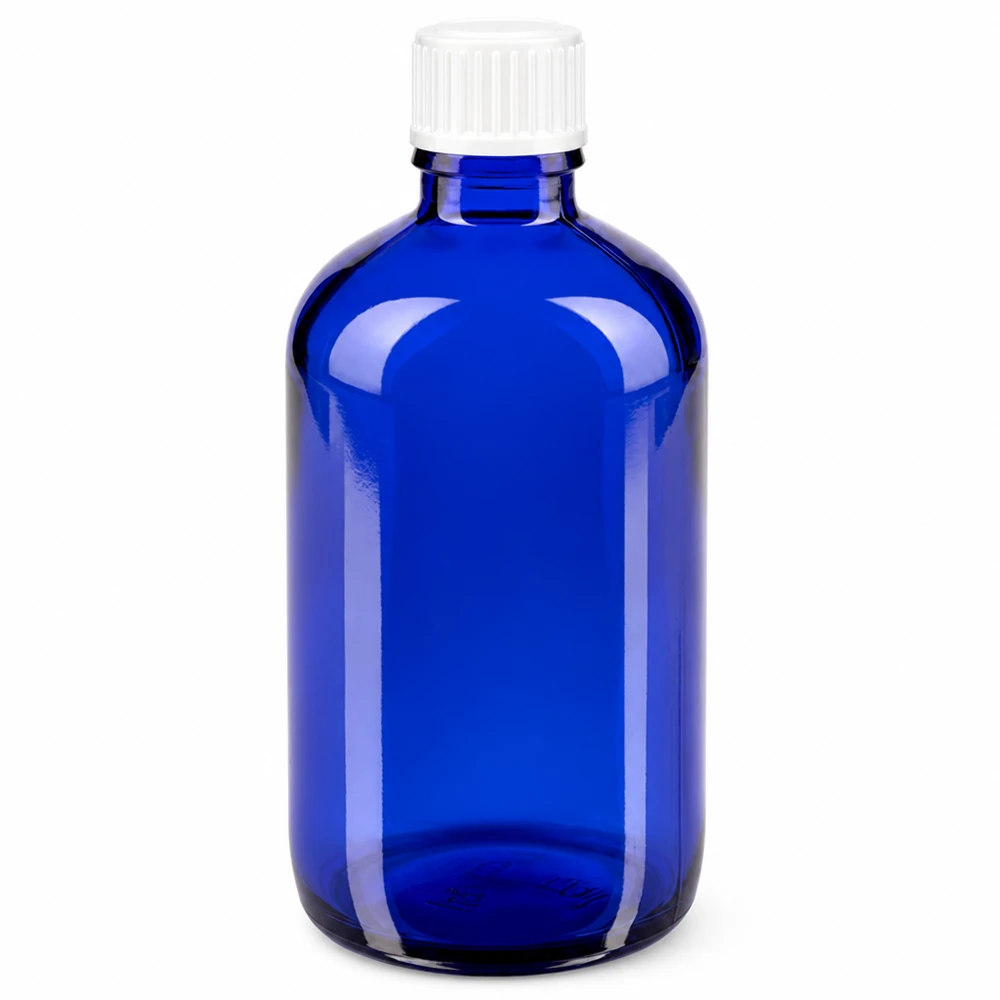 Botella de farmacia azul 100ml tapón de rosca blanco glóbulos estándar Frasco de farmacia de cristal azul de 100 ml con tapón de rosca blanco estándar de 3 mm