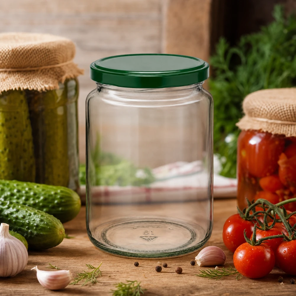 Tarro de conserva UNiTWIST de 795 ml con tapa verde entre verduras frescas y tarros de conserva llenos sobre una mesa de madera