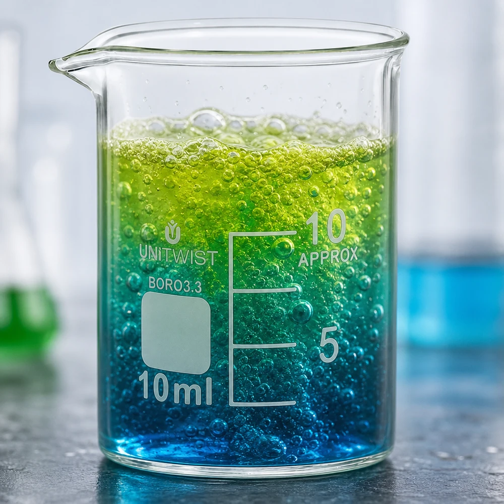 Vaso 10ml borosilicato, molde bajo UNiTWIST Vaso de precipitados de 10 ml, de forma baja, con un líquido azul verdoso lleno de burbujas, fabricado en vidrio borosilicato 3.3