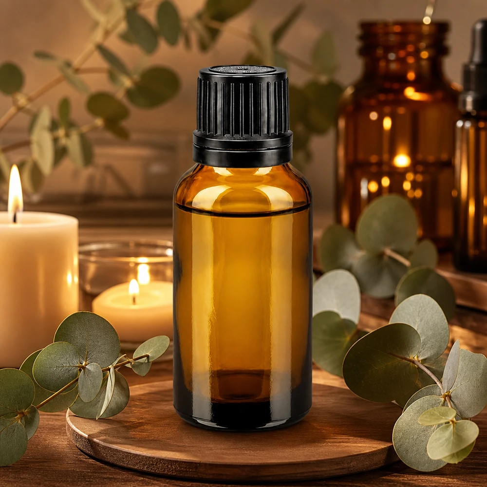 Frasco de farmacia de vidrio ámbar de 20 ml con tapón negro original para aceites esenciales