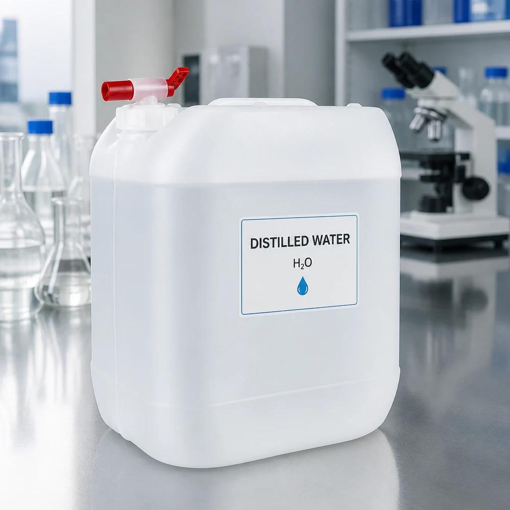 Bidón de laboratorio de 20 litros con grifo rojo, lleno de agua destilada H₂O