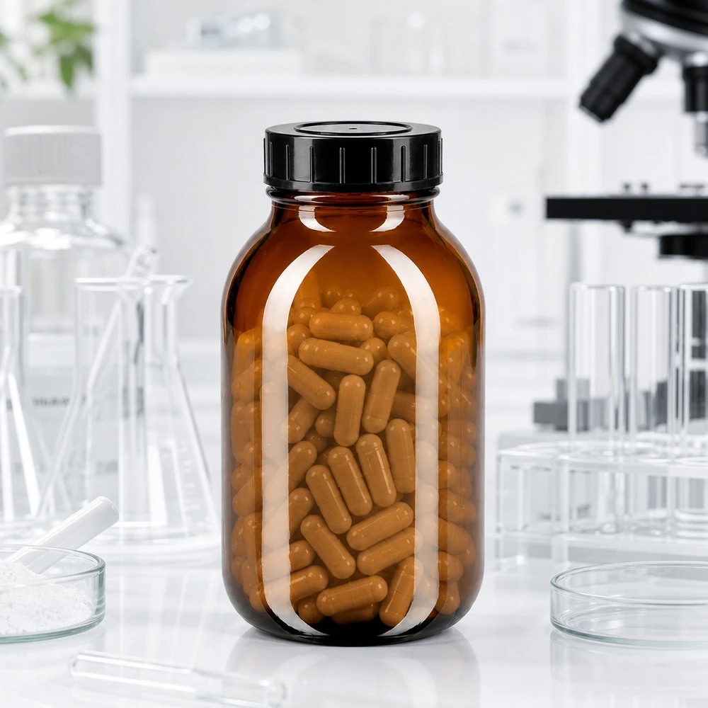 Frasco de vidrio ámbar de 500 ml con gran abertura y tapón de rosca hermético para aplicaciones farmacéuticas