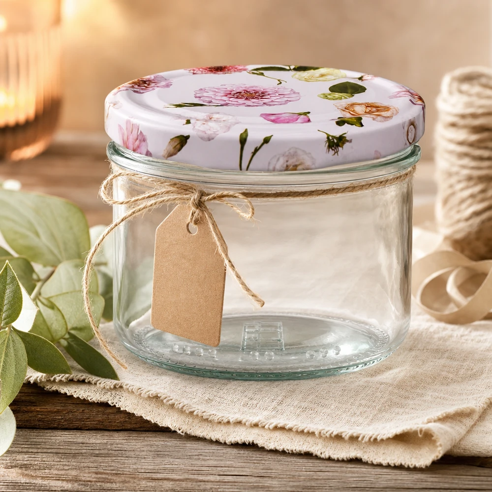 Tarro de conserva vacío de 230 ml con tapa de flor y etiqueta de papel kraft - tarro de conserva decorativo con base de madera