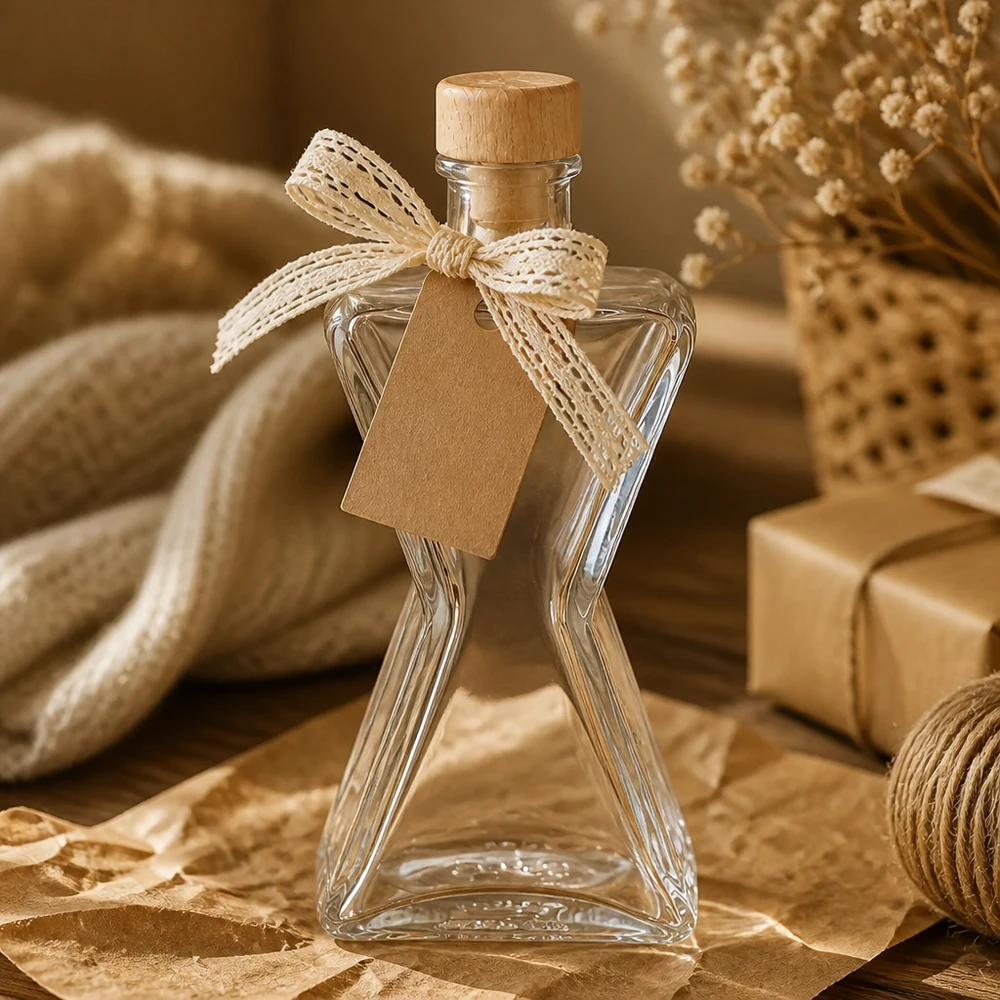 Botella de vidrio de 200 ml «Star» con tapón de corcho con asa de madera UNiTWIST®