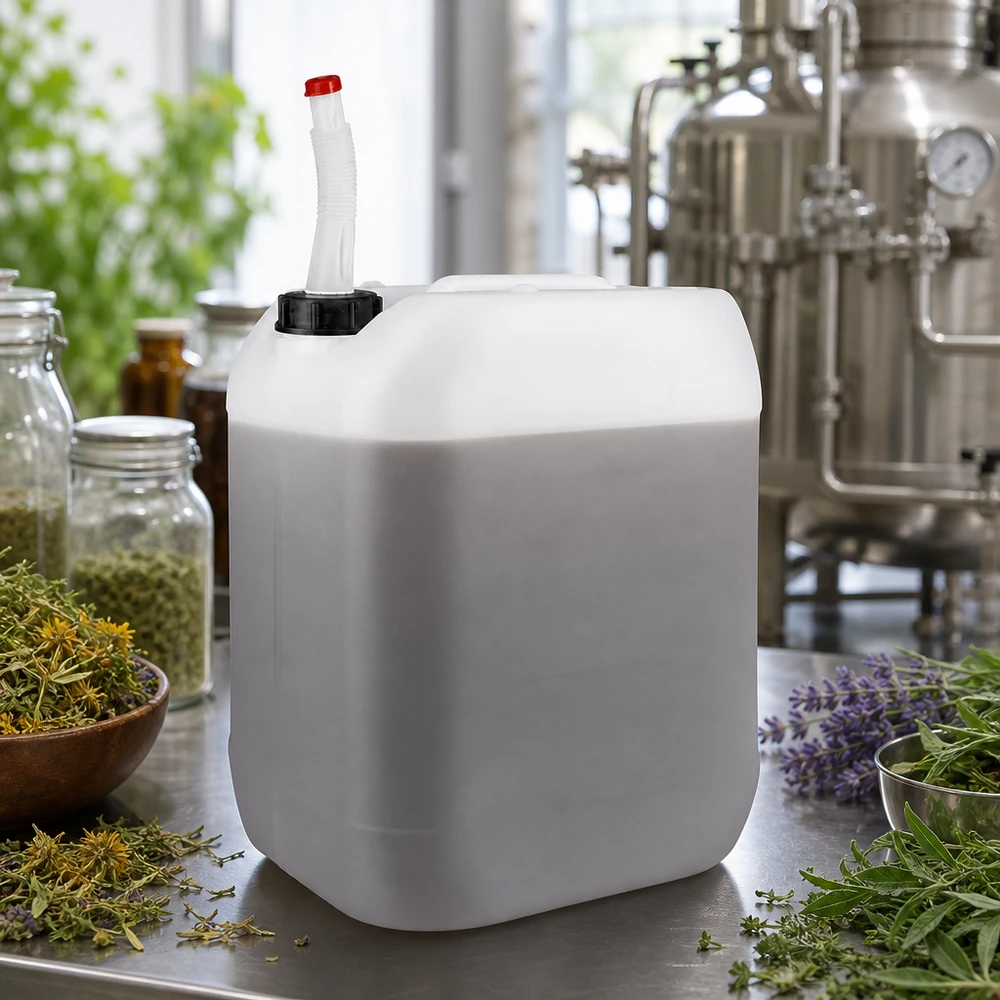 Bidón de plástico resistente de 20 litros con tubo flexible, junto a hierbas frescas y un alambique