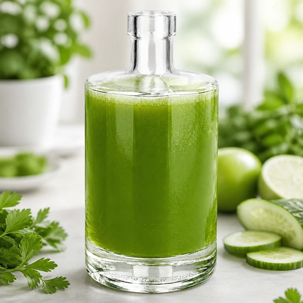 Botella de vidrio de 500 ml «Marie» sin tapón UNiTWIST® Botella de cristal de 500 ml Marie llena de batido verde rodeado de pepino y hierbas para una inspiración de bebida saludable