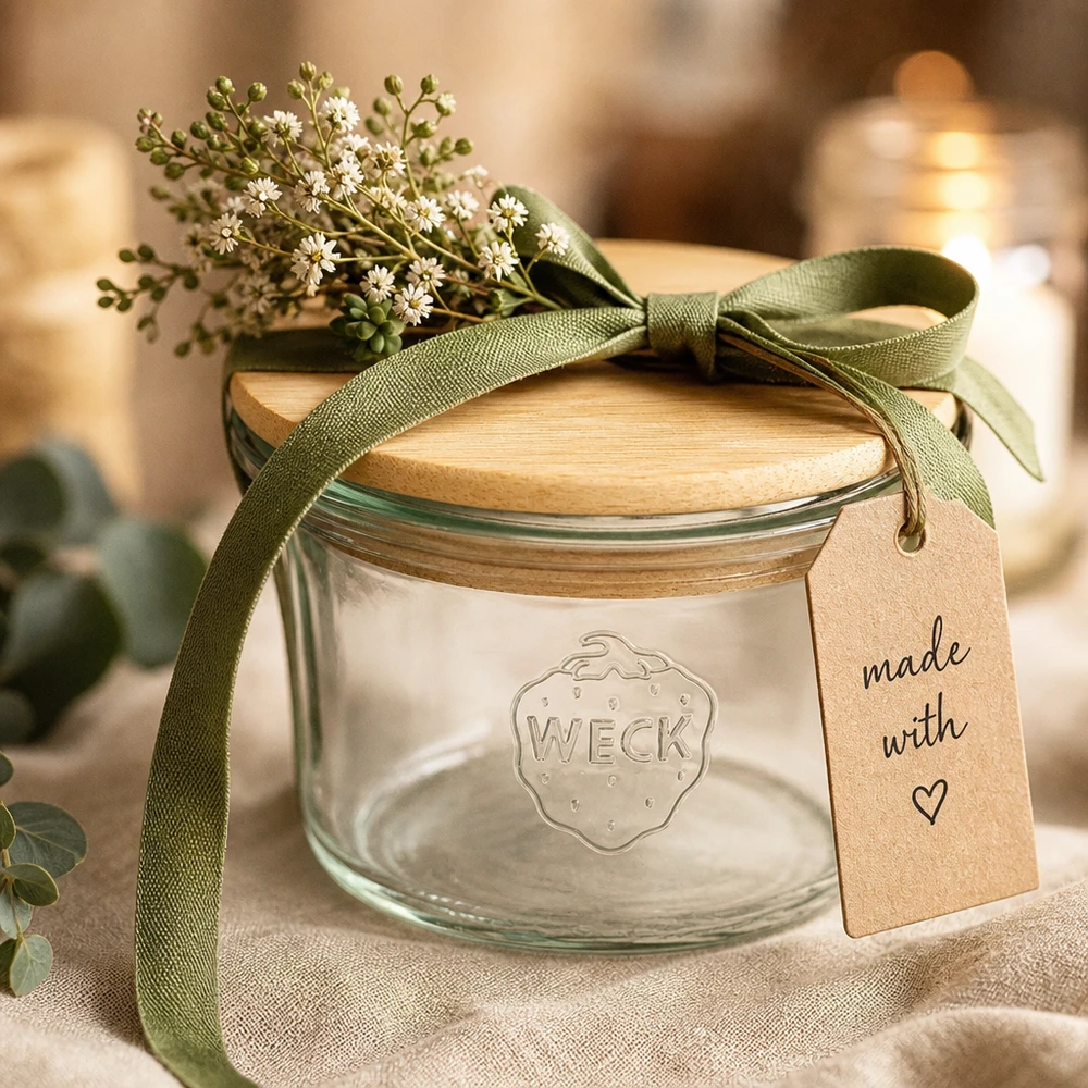 WECK mini mason jar 35ml con tapa de madera como idea de regalo con flores de cinta verde y etiqueta Made with Love