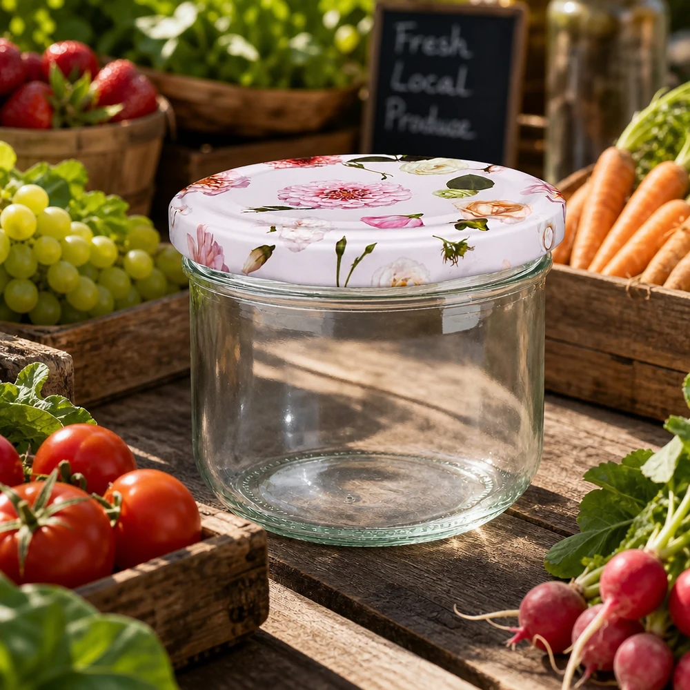 Tarro vacío de 260 ml con tapa de flores rosas entre verduras frescas - tarro de conserva versátil para un ambiente de puesto de mercado