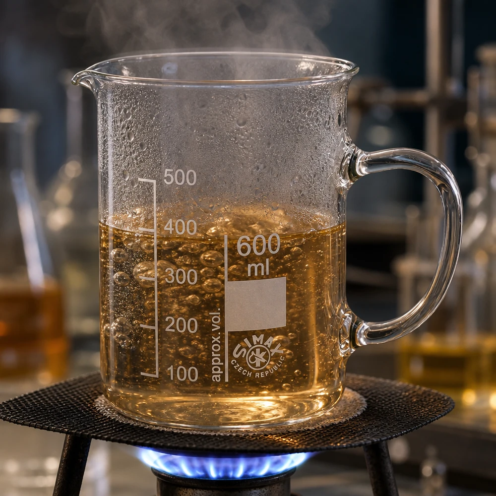 Vaso de precipitados de 600 ml con asa sobre un mechero de gas, con un líquido de color amarillo dorado en ebullición y formación de vapor