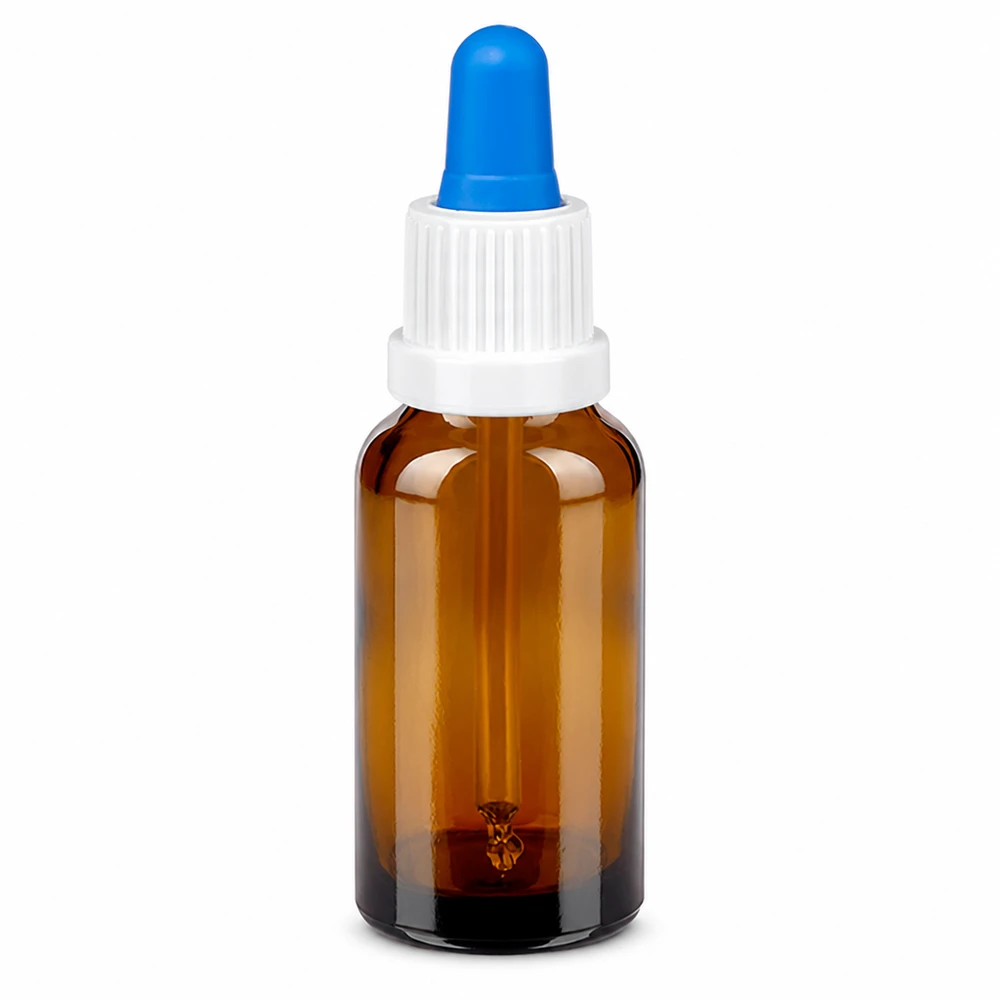 Frasco pipeta 20ml blanco/azul cierre inviolable BrownLine UT18/20 Frasco pipeta de vidrio ámbar de 20 ml con tapón blanco y pipeta azul para una dosificación precisa