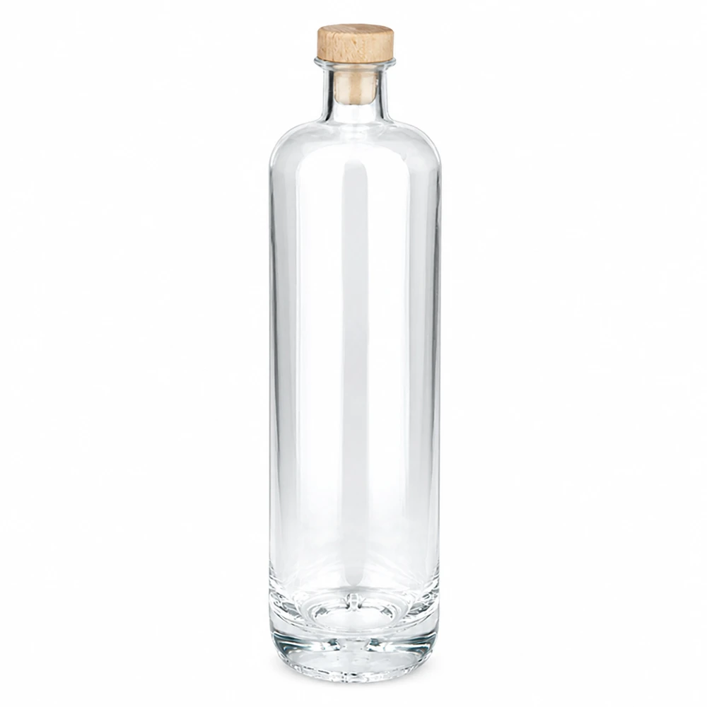 Botella de vidrio de 700 ml «Ella» con tapón de corcho con asa de madera UNiTWIST® Botella de cristal Ella de 700 ml con asa de madera y tapón UNiTWIST transparente vacía Fotografía del producto sobre fondo blanco