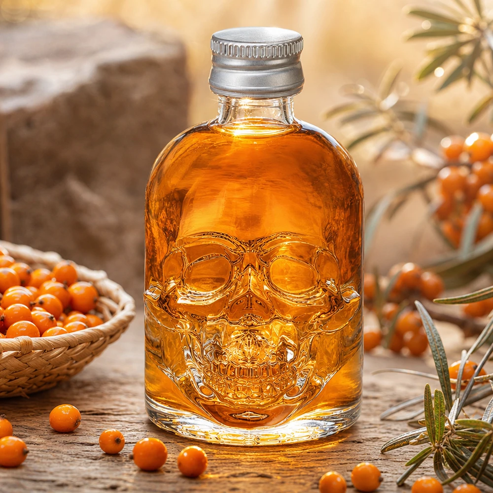 Botella de vidrio de 50 ml «Hector» y tapón de rosca plateado UNiTWIST® Botella de cristal de 50 ml de Hector rellena de licor de espino amarillo entre bayas de naranja y elementos decorativos en un ambiente cálido
