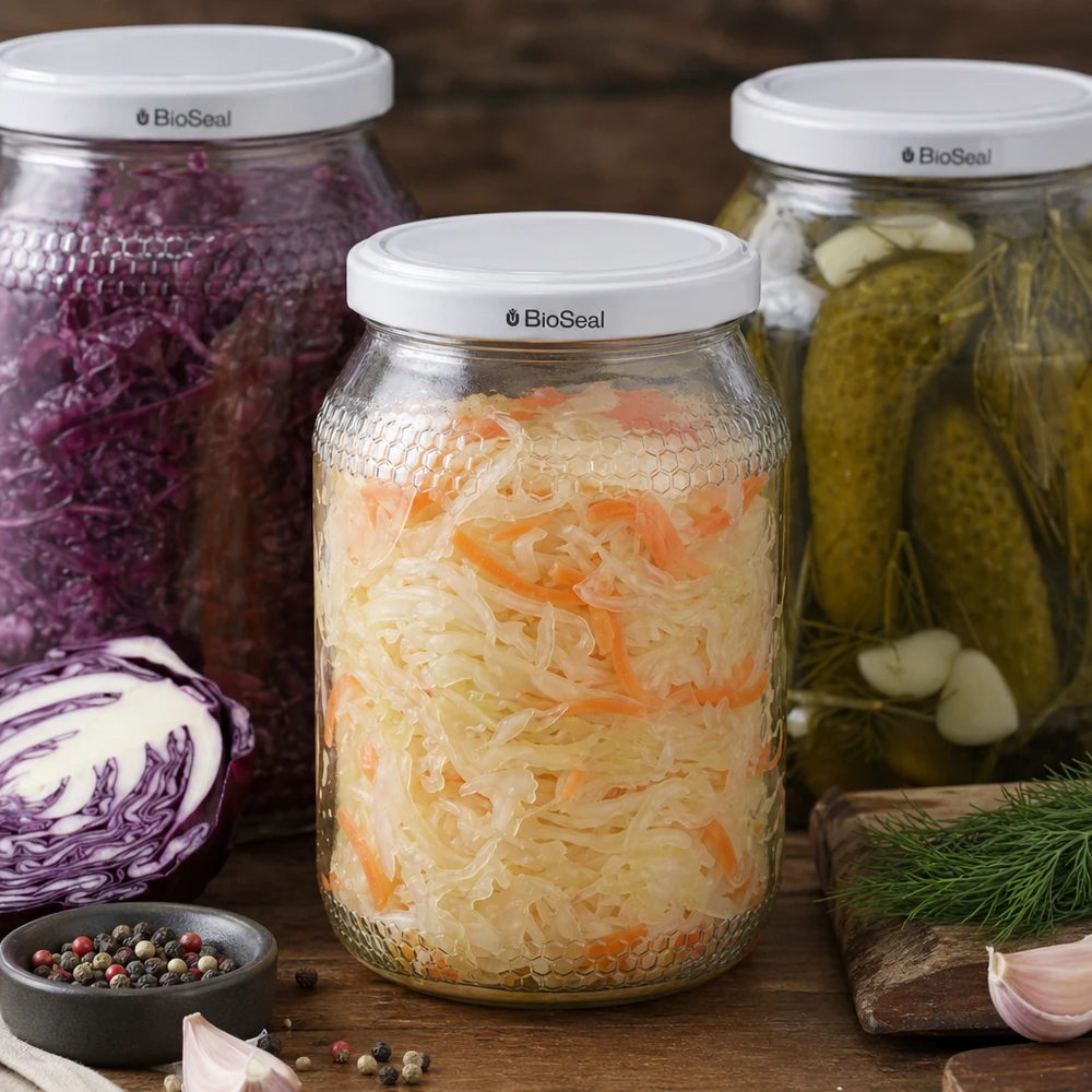 Tarro para miel de 1260 g con tapa blanca BioSeal UNiTWIST Tarro de miel de 900 ml con tapa BioSeal lleno de chucrut fermentado junto con lombarda encurtida y especias