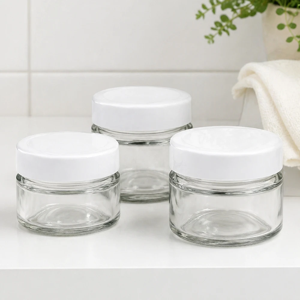 Juego de tarros redondos de 80 ml con tapa BasicSeal en el baño - elegantes tarros de cristal para cosméticos y utensilios de baño