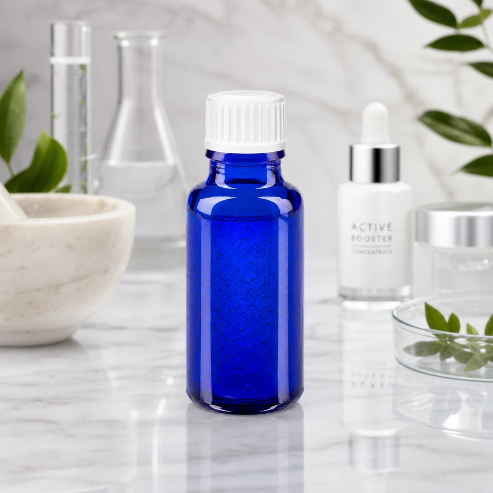 Pequeño frasco de farmacia azul de 20 ml, fabricado en vidrio borosilicato de alta calidad, con tapón blanco