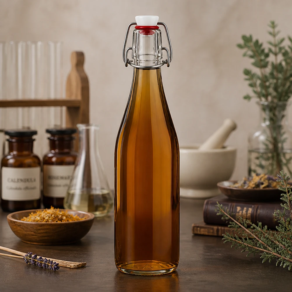 Botella de vidrio de 500 ml + tapa abatible de PVC UNiTWIST 500ml Glasflasche Bügelverschluss amber braun apotheker Design mit Naturkräutern Heilpflanzen vintage Küche nostalgisch