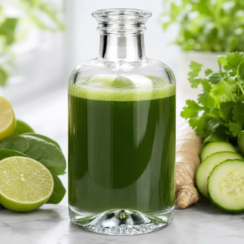 Botella de cristal Sofía de 100 ml llena de zumo de verduras verdes junto a pepino, lima, jengibre y hierbas sobre fondo blanco