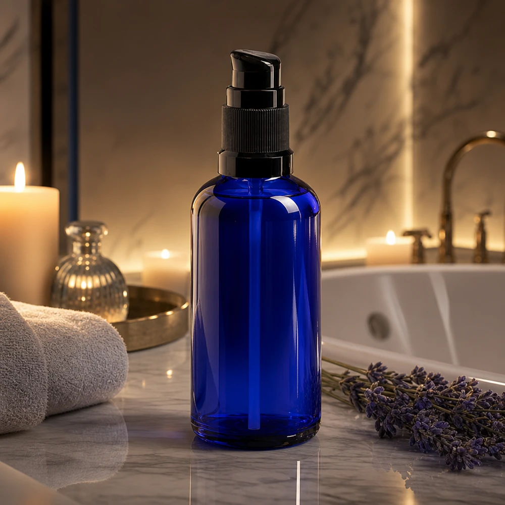 Pequeño frasco de farmacia azul de cristal de 50 ml con tapón dosificador negro en el cuarto de baño