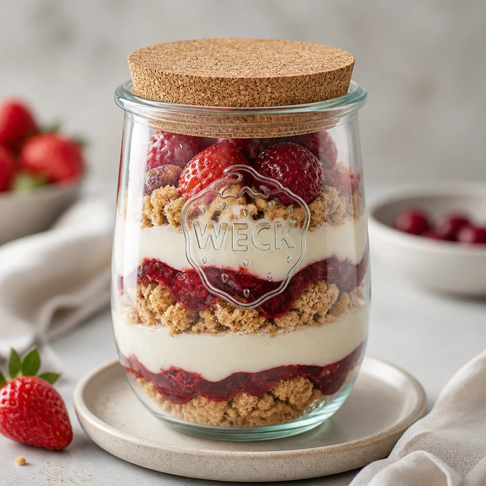 Tarro tulipán WECK RR100 1062ml como tarro de postre con capas de fresas, nata y migas de galleta dispuestas decorativamente