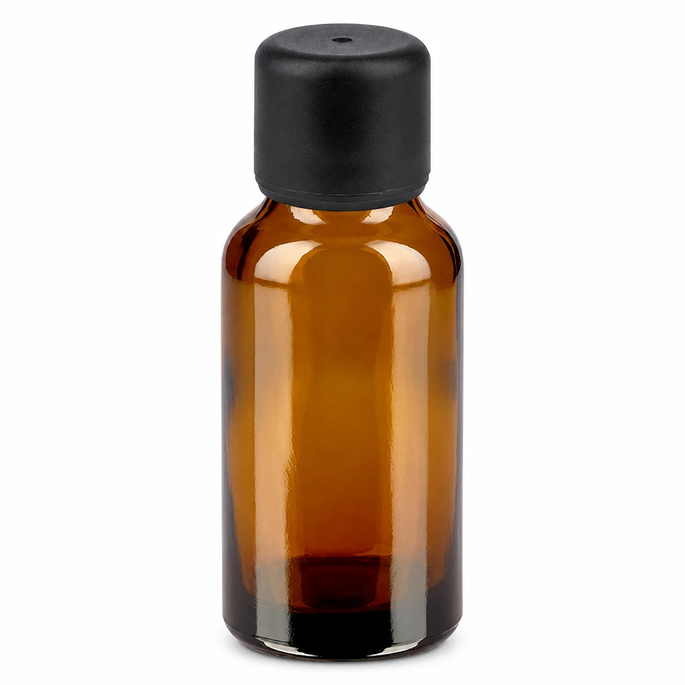 Botella 20ml 6mm tapón rosca negro estándar BrownLine UT18/20 Frasco de vidrio marrón de 20 ml con tapón negro para aceites esenciales y cosméticos