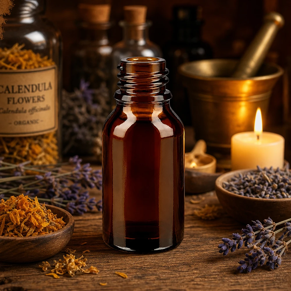 30ml frasco de farmacia marrón forma alta ApoGlas con flores de caléndula mortero vela aromaterapia configuración