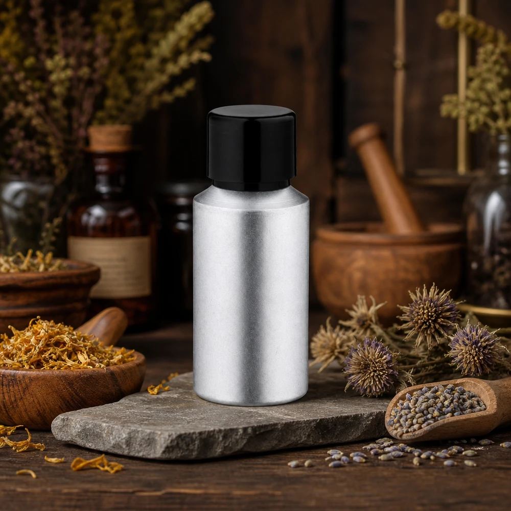 Frasco de aluminio teñido de alta calidad de 30 ml con tapón negro para remedios naturales y aceites de hierbas