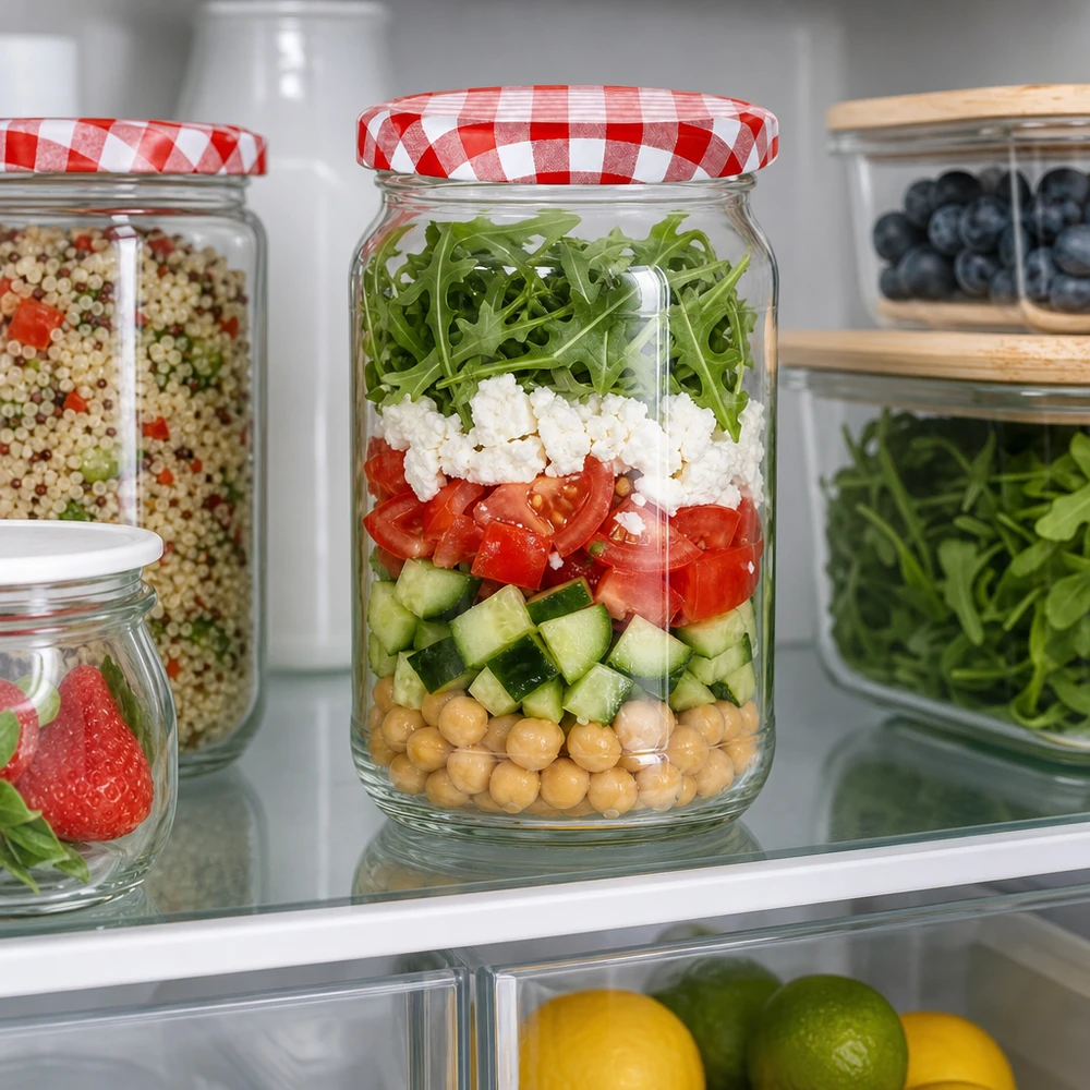 Tarro redondo 1062ml + tapa BasicSeal rojo/blanco UNiTWIST 1062ml Rundglas mit rot-weiß kariertem Deckel als Meal-Prep Salatglas im Kühlschrank mit Schichtsalat und Kichererbsen