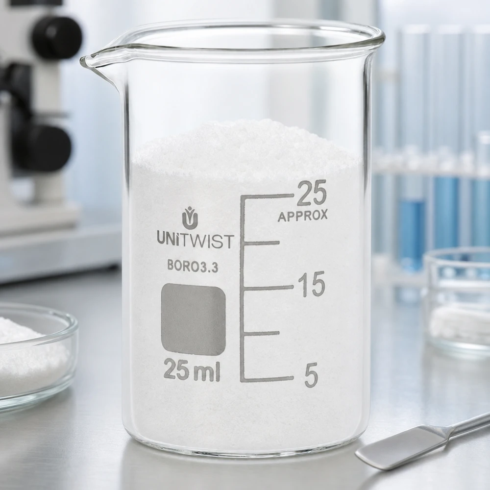 Vaso 25ml borosilicato, molde bajo UNiTWIST Vaso de precipitados UNiTWIST de 25 ml, de forma baja, lleno de polvo blanco, sobre una mesa de laboratorio de acero inoxidable