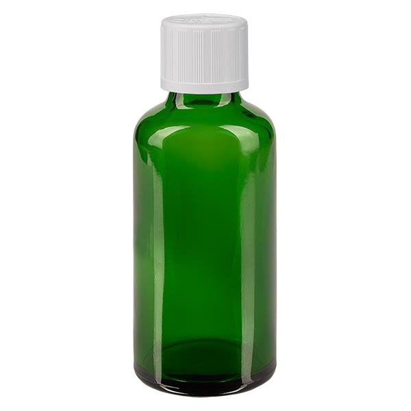 Botella de farmacia verde 50ml tapón de rosca blanco estándar a prueba de niños Botella de farmacia verde 50ml tapón de rosca blanco estándar a prueba de niños
