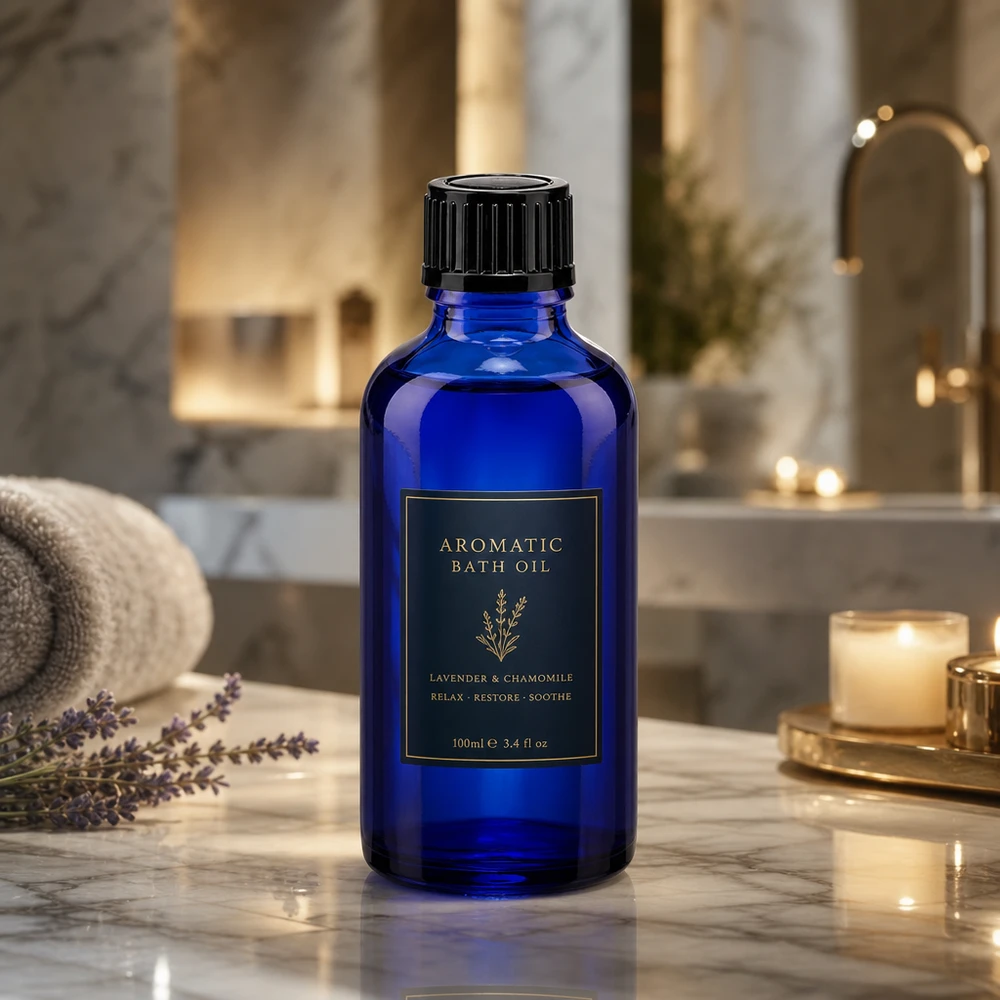 Frasco de farmacia de cristal azul de 50 ml con tapón negro junto a plantas de lavanda sobre mármol