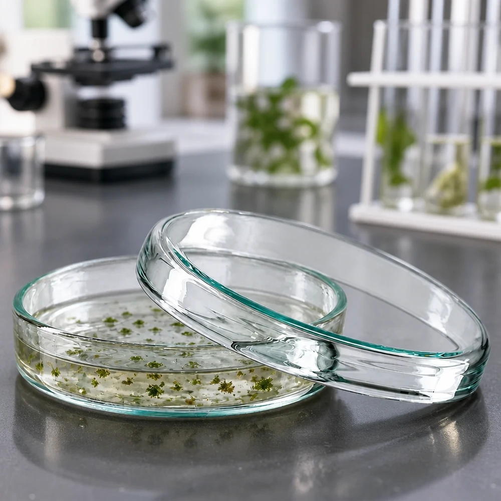 Placa de Petri de cristal de 70 x 15 mm con cultivos de plantas verdes en medio de cultivo y tapa colocada