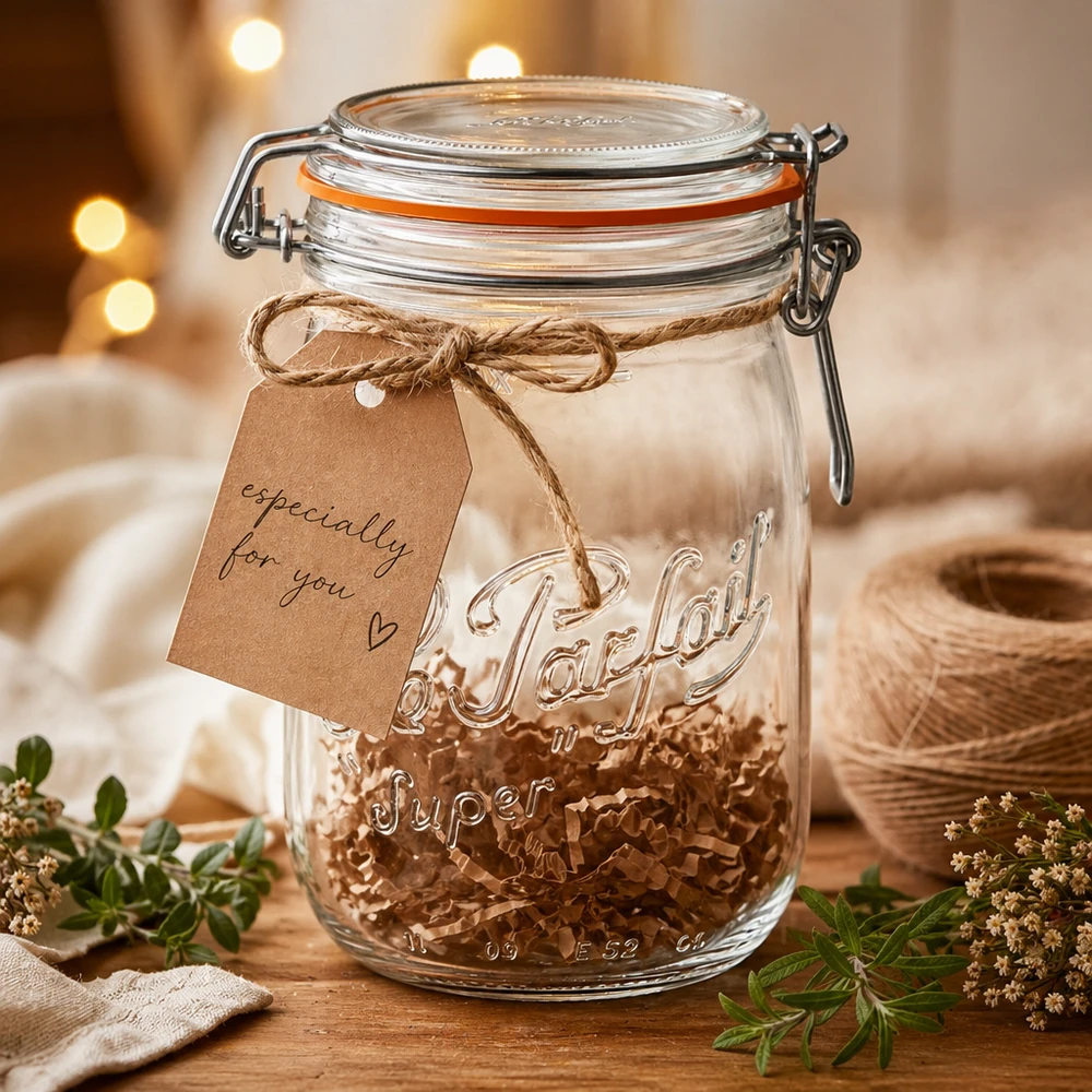 Tarro Le Parfait 1000ml con tapa abatible y super relieve, decorado con etiqueta de regalo sobre tabla de madera