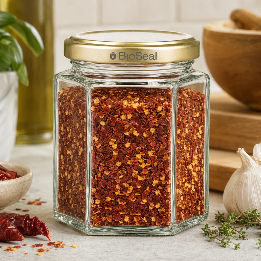 Tarro para miel de 250 g con tapa dorada BioSeal UNiTWIST 250g tarro de miel hexagonal lleno de chile mezcla de especias tapa dorada BioSeal ambiente de cocina con ajo tomillo