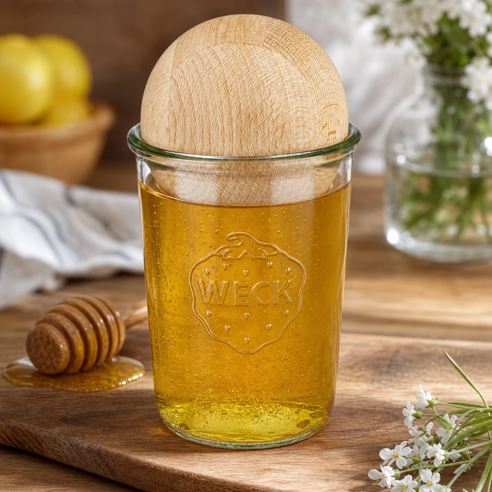 Vaso WECK RR100 850ml relleno de miel y bola de madera de haya, expositor decorativo de cocina con cuchara para miel