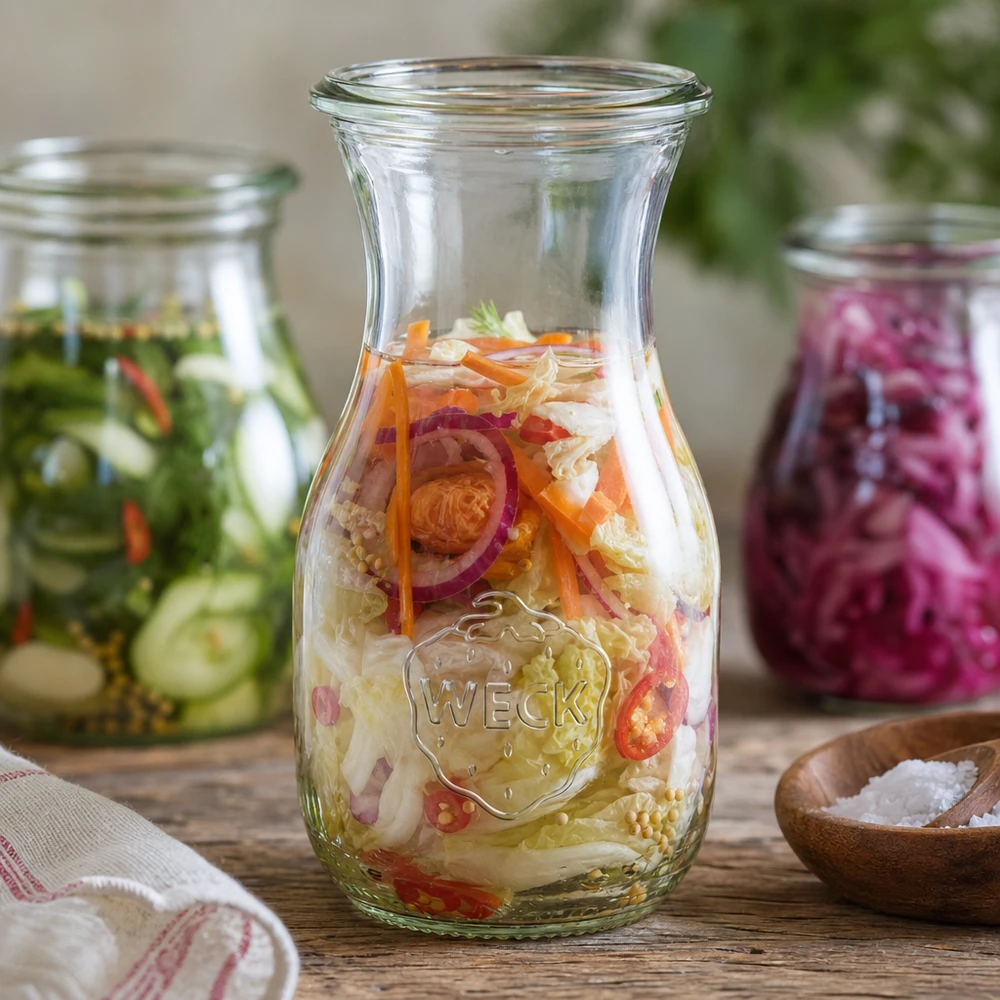 Botella para zumo WECK RR60 de 290 ml Botella de zumo WECK 290ml RR60 con verduras fermentadas y pepinillos en vinagre para una conservación saludable