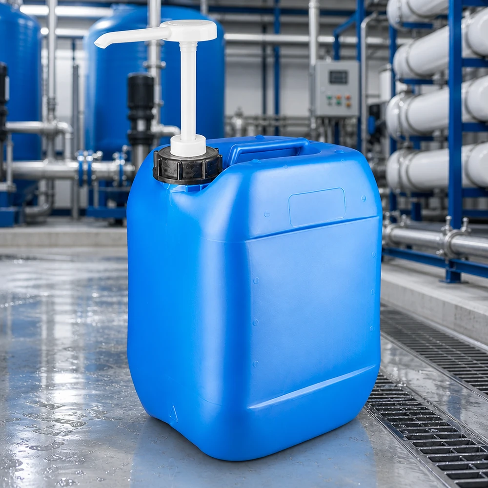 Bidón de plástico azul de 10 litros con bomba dosificadora integrada, situado delante de la instalación de tratamiento de agua
