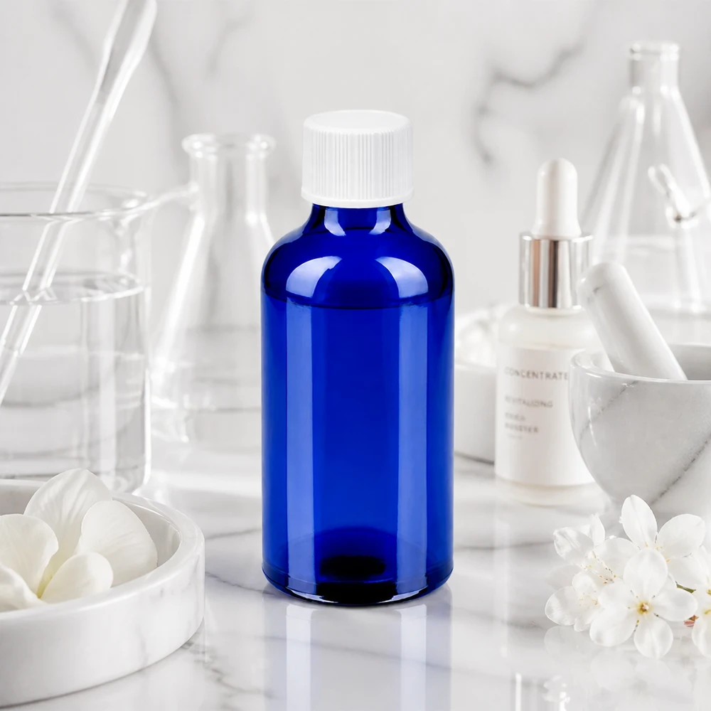Frasco de laboratorio compacto de 50 ml en elegante azul cobalto con práctico tapón blanco