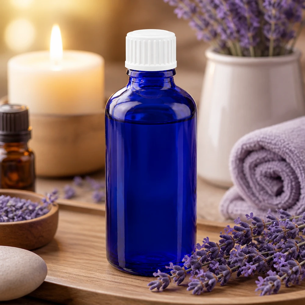 Frasco de cristal azul de 50 ml con tapón cuentagotas blanco, rodeado de flores de lavanda y velas