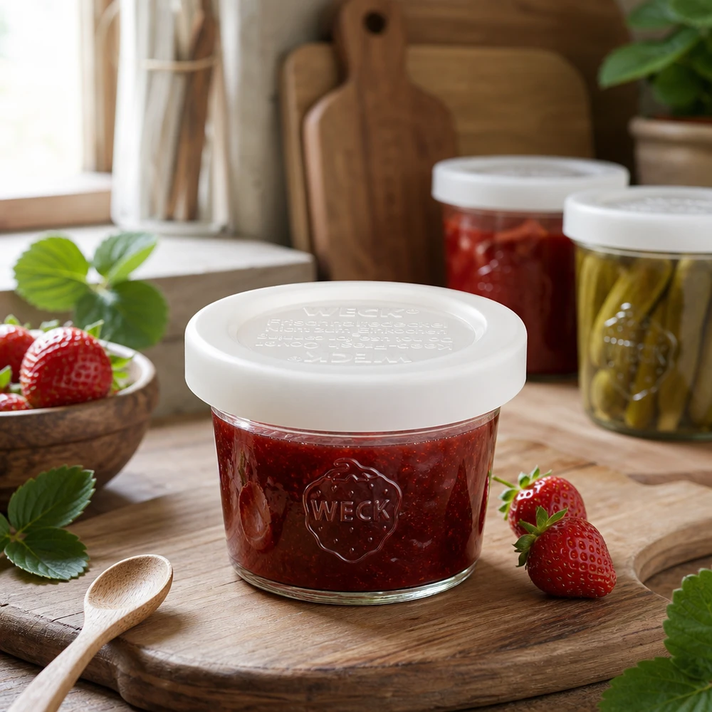 WECK 35ml RR40 mason jar lleno de mermelada de fresa sobre tabla de madera, ejemplo de aplicación para pequeños tarros de conserva