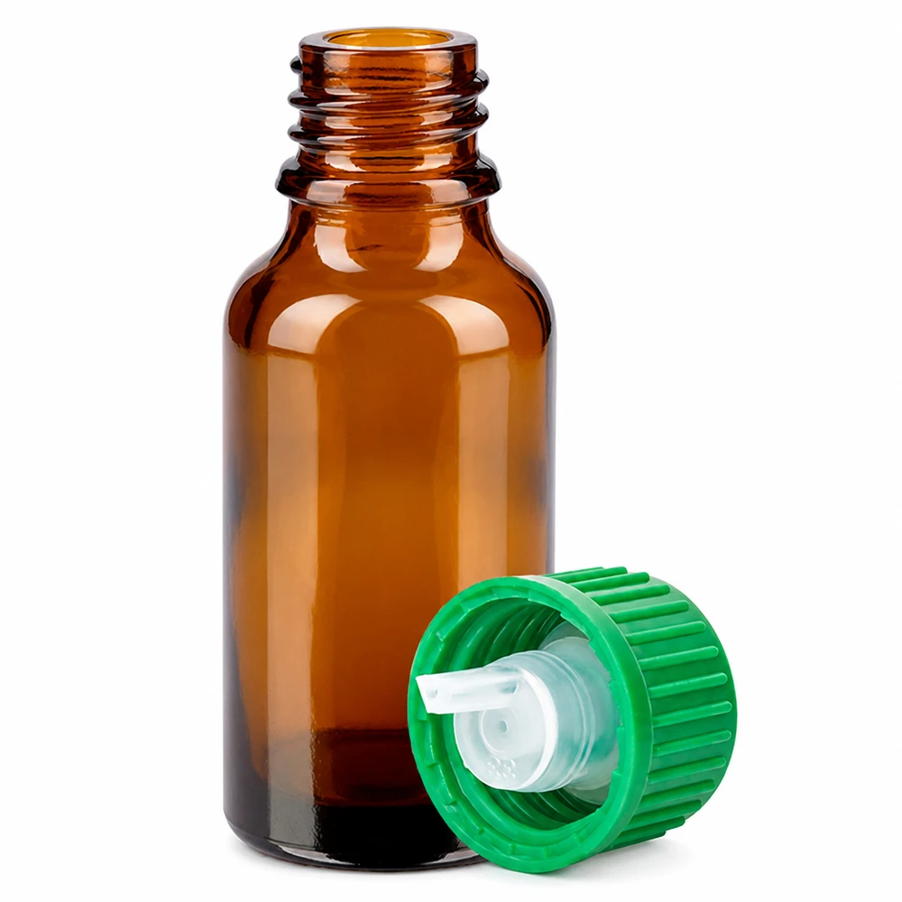 Frasco cuentagotas 20ml 0.8mm verde tapa estándar BrownLine UT18/20 Frasco de vidrio marrón de 20 ml con tapón cuentagotas verde de 0,8 mm de abertura para aceites esenciales