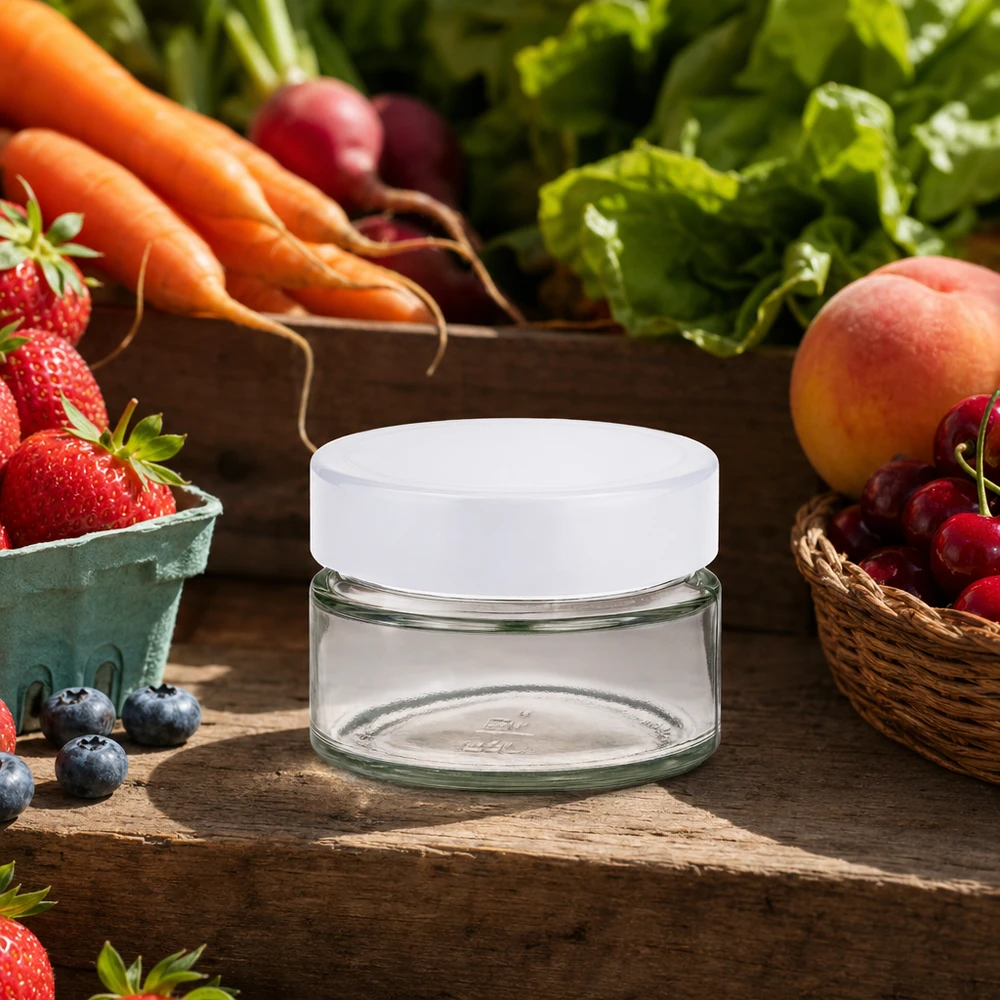 Vaso redondo de 130 ml UNiTWIST BasicSeal blanco en un ambiente de cocina natural con frutas y verduras frescas