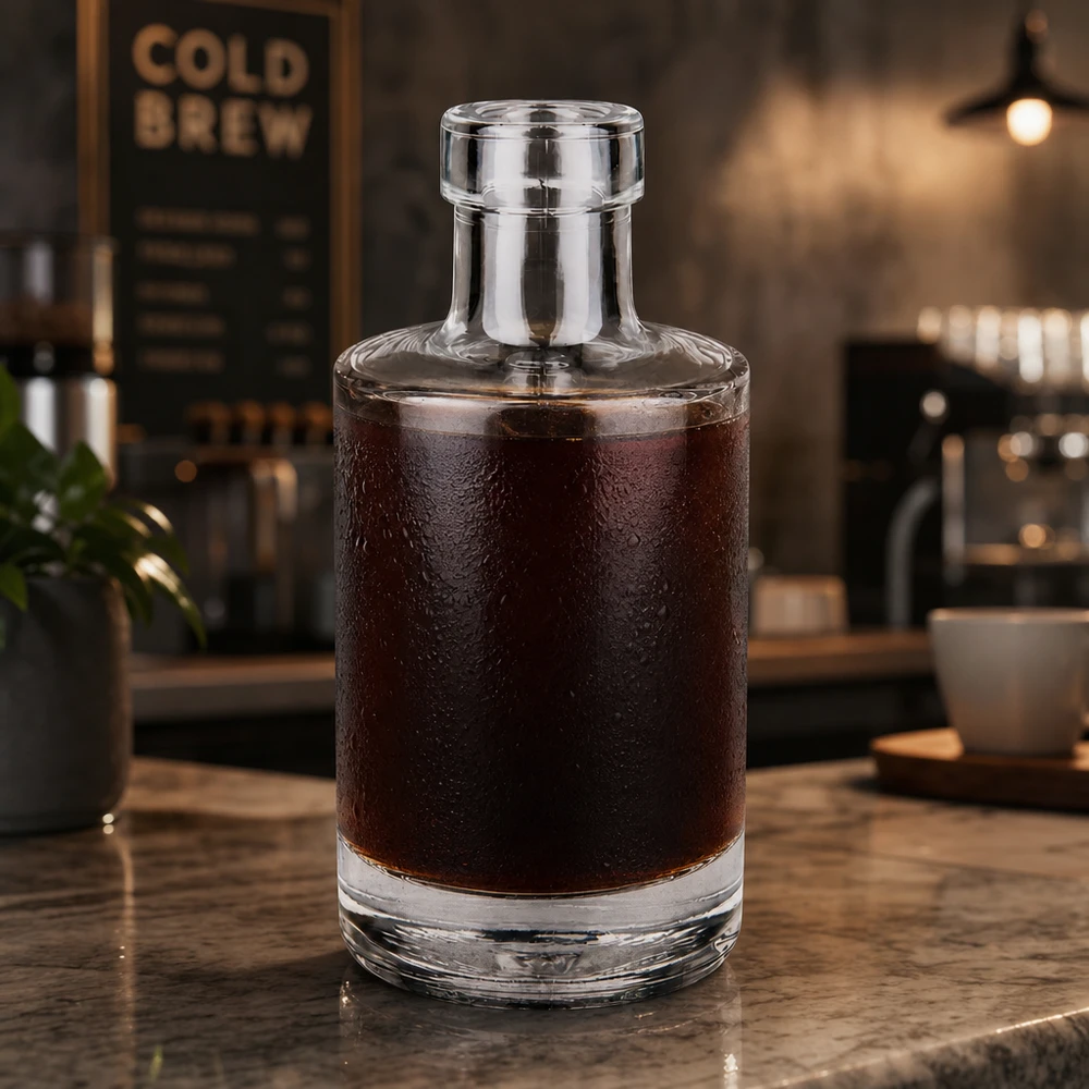 Botella de vidrio de 200 ml «Marie» sin tapón UNiTWIST® Botella de cristal de 200 ml Marie llena de café frío en un ambiente de cafetería moderna Aplicación ejemplo cafetería